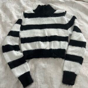 Black and White fuzzy Striped Women's Sweater